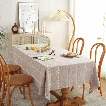 Chassic 60 x 120 inches Farmhouse Style Linen tablecloths, Wrinkle Resistant Washable Dining Room Table Cloths for 8 Foot Rectangle Tables - Hemstitch Light Coffee