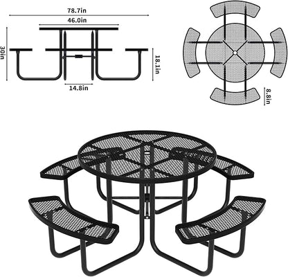 46'' Round Metal Picnic Table for Outdoors, Commercial Steel Metal Picnic Tables, Heavy Duty Sturdy Picnic Tables Furniture Set for Patio Garden Courtyard BBQ, with Umbrella Hole