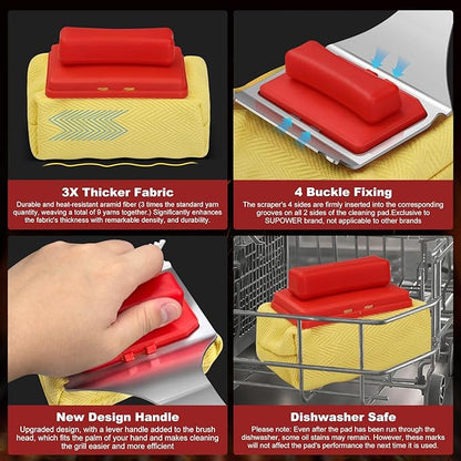 Steam Safe Grill Cleaning Brush Bristle Free for Outdoor Grill with 15" Extended Handle, 3X Thick Aramid Fabric Replaceable Brush Heads, Heavy Duty Triple-Groove Scraper Design for All Grates, Red