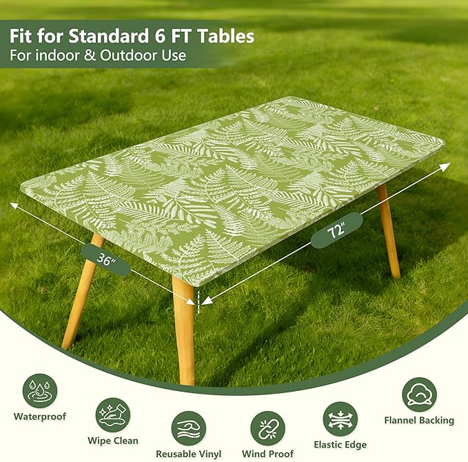 Rectangle Picnic Table Cloth, Elastic Waterproof Fitted Vinyl Tablecloths for 6 Foot Tables, Wipeable Flannel Backed Table Covers for Dining, Camping, Outdoor(Green Leaves,36"x72")