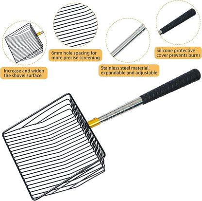 Hollow Out Fireplace Shovel Black Metal Coal Shovel Fireplace Ash Sifter Scalable Stainless Steel Handle with Silicone Protector to Prevent Burns, Fireplace Tools for Woodstove to Separate Coals