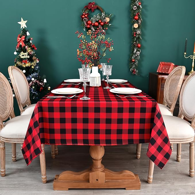Red Gingham Christmas Plaid Tablecloth - Rectangular 58x102 Inch Water Resistant Table Cloth for Indoor/Outdoor Use - Holiday Table Cover for Kitchen, Picnics, and Parties