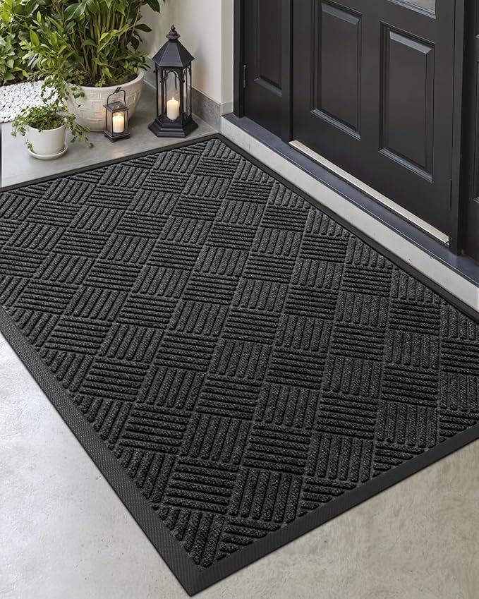 DEXI Front Door Mat Outside Entrance, 2x4 ft Rubber Entry Doormat Heavy Duty, Welcome Mats Non Slip for Inside House Floor Entryway Back Doors Exterior Patio, Diamond Black