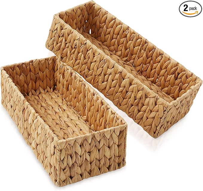 Casafield Set of 2 Bathroom Storage Baskets, Natural - Water Hyacinth, 16" W x 6.75" D x 4.25" H, Woven Toilet Tank Topper Bins for Organizing Tissues, Toilet Paper, Toiletries, Shelves