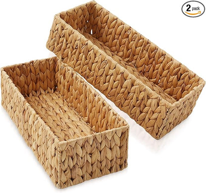 Casafield Set of 2 Bathroom Storage Baskets, Natural - Water Hyacinth, 16" W x 6.75" D x 4.25" H, Woven Toilet Tank Topper Bins for Organizing Tissues, Toilet Paper, Toiletries, Shelves