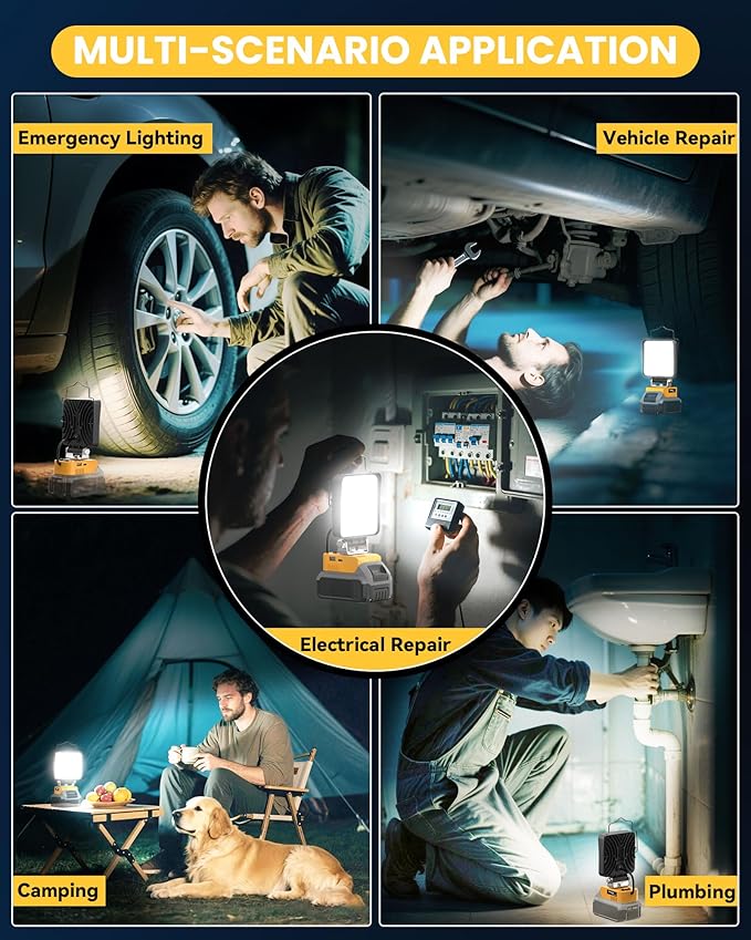 Ecarke 2 PCS Cordless LED Work Light Compatible with DeWALT 20V: 70W 7000LM Flashlight with USB & Type-C Charging Output Port, Portable Battery Flood Light for Job Site, Camping, Battery Not Included