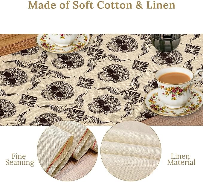 Gothic Table Runner, Retro Antique Damask Skull Pattern Classic Halloween Boho Black Coffee Vintage Table Center Decor for Kitchen and Dining Outdoor Home Country Party Table Decorations, 13"x90"