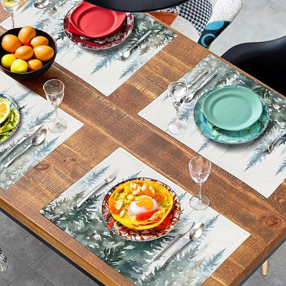 Watercolor Dark Green Tree Table Mats Set of 4 Rustic Nature Forest Pine Tree Placemats Seasonal Winter Holiday Place Mat Farmhouse Washable Linen Placemat for Dining Table Kitchen Christmas Decor