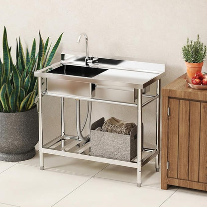 Stainless Steel Utility Sink, 39'' Free Standing Single Bowl Kitchen Sink with Cold and Hot Water Pipe, Right Drawer, Indoor and Outdoor for Laundry Room Farmhouse Kitchen(39 inch)