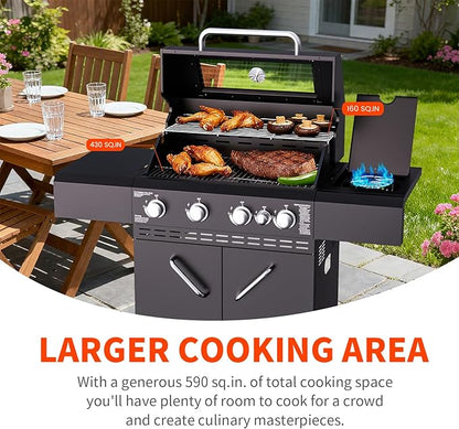 4 Burners Propane Gas Grill with Visual Glass, 50000 BTU Outdoor BBQ Propane Grill with Side Burner, Heighter, Double-Layer Lid, Stainless Steel Grids and Observing Changes in Food for Perfect BBQ