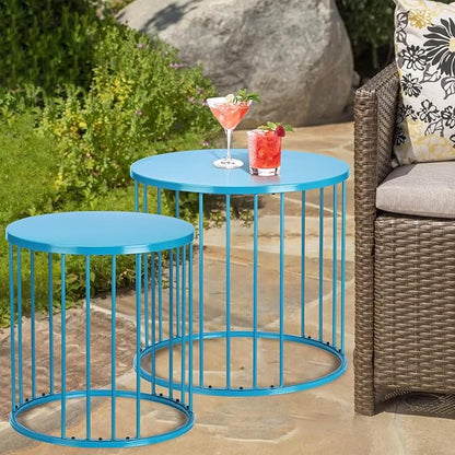 SUNNYPARK Outdoor Side Table Set of 2, Metal Circle Accent End Tables for Balcony Backyard Garden Indoor Living Room, Durable Black Nesting Coffee Tables, 20”+16” Dia