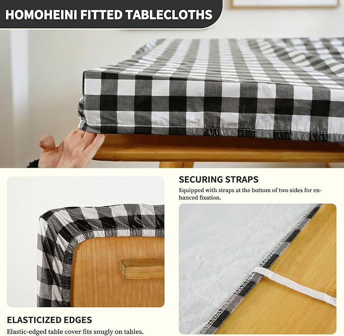 Rectangle Picnic Table Cloth, Elastic Waterproof Fitted Vinyl Tablecloths for 5 Foot Tables, Wipeable Flannel Backed Table Covers for Dining, Camping, Outdoor(Black Plaid,36"x60")