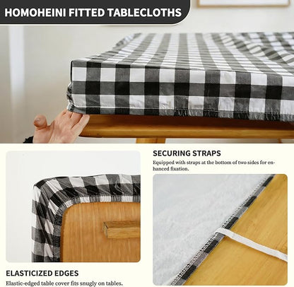 Rectangle Picnic Table Cloth, Elastic Waterproof Fitted Vinyl Tablecloths for 5 Foot Tables, Wipeable Flannel Backed Table Covers for Dining, Camping, Outdoor(Black Plaid,36"x60")