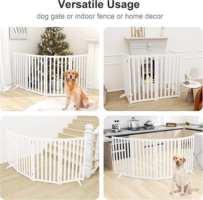36" Height Extra Tall Freestanding Pet Gate, Solid Wood Folding Safety Fence Wooden Dog Gate with 2 PCs Support Feet Ideal for Stairs, Doorways, Halls, Kitchens, Heavy Duty Gates, 4 Panels, White