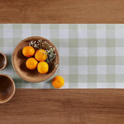 Solino Home Linen Checkered Table Runner 36 Inches - 100% Pure Linen Sage and White Buffalo Table Runner 14 x 36 Inch Ideal for Dresser and Coffee Tables - Winter, Spring, St Patricks Day, Easter