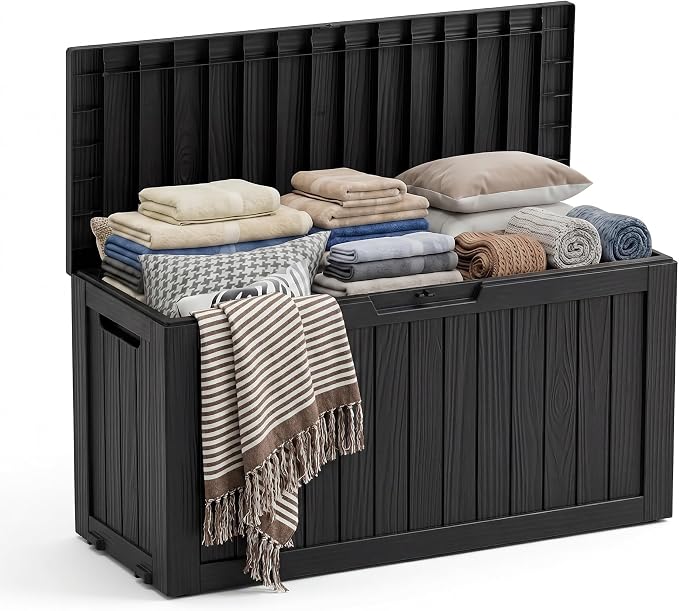 PatioZen 75 Gallon Resin Deck Box, Space-Saving Weatherproof Outdoor Storage Box by OutdoorLivingPerfected