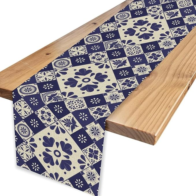 Mexican Table Runner, Blue Floral Birds Mexico Talavera Ceramic Dia De Los Muertos Coffee Table Center Decor for Family Home Kitchen and Dining Farmhouse Indoor Outdoor Table Decorations, 13" X 72"