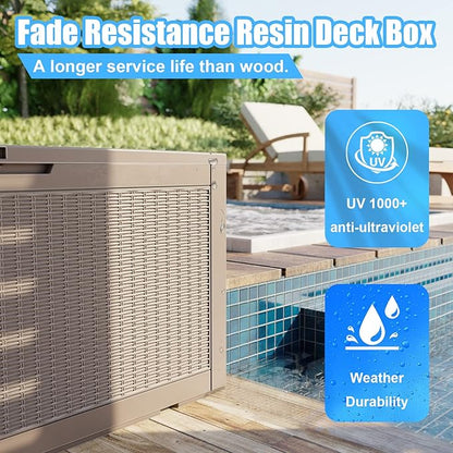 100 Gallon Waterproof Large Resin Deck Box, Lockable Storage Container for Patio Cushions, Garden Tools, Indoor & Outdoor (Brown)