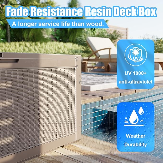120 Gallon Deck Box,Resin Outdoor Storage Box with Lockable for Patio Furniture, Pool Accessories, Garden Tools Waterproof Outside Storage Box, Grey