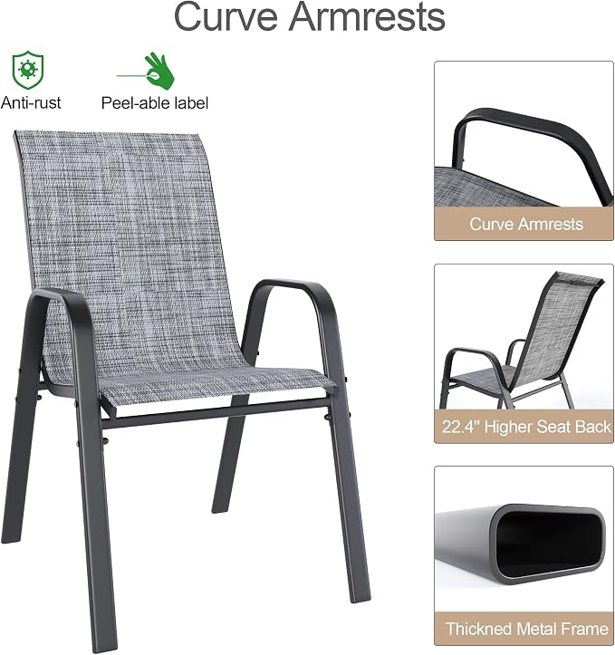 Outdoor Patio Chairs Set of 8 Stackable Dining Chairs All-Weather Textilene - Image 9