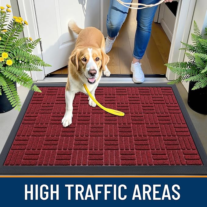 OLANLY Front Door Mat Outside Entrance 35x23, Absorbent, Heavy Duty Sturdy Natural Rubber Doormat Indoor Outdoor, Non-Slip, Stain and Fade Resistant, Low Profile Floor Mat for Entryway, Black Red