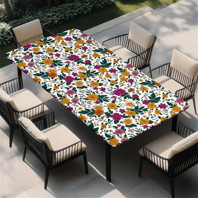 Rectangle Table Cloth Cover Waterproof Elastic Fitted Polyester Fitted Tablecloths for 4 Foot Tables for Indoor,Picnic, Camping, Outdoor （48" x 30"，Floral Print）