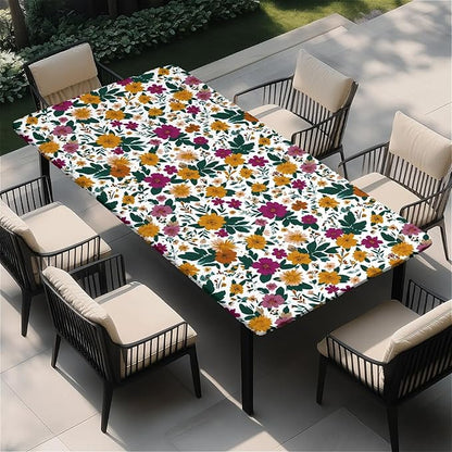 Rectangle Table Cloth Cover Waterproof Elastic Fitted Polyester Fitted Tablecloths for 8 Foot Tables for Indoor,Picnic, Camping, Outdoor （96" x 30"，Floral Print）