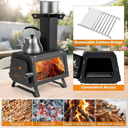 Camping Wood Stove, Portable Wood Burning Stove wtih X-shaped Pot Holder, Glass-Ceramic Window & Carbon Bridge, Tabletop Fire Pit Stove for Outdoor Cooking, Heating, Hunting & Ice Fishing