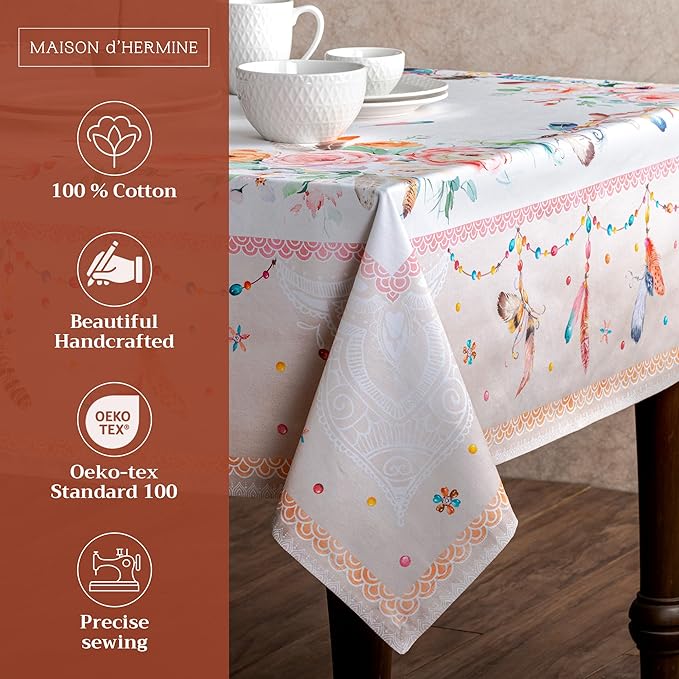 Maison d' Hermine Table Cloth Rectangle Table 100% Cotton 60 x 120 Inches Tablecloth Reusable Decorative for Dining Room, Farmhouse, Home, Party, Festive & Wedding Spring Summer - Ibiza - Beige