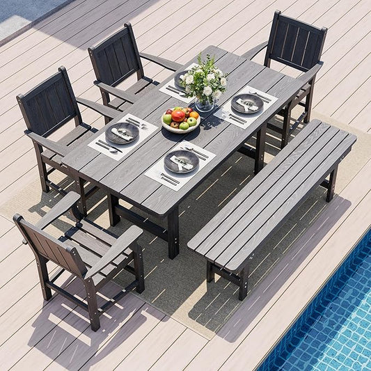 Pamapic 6 PCS Outdoor Dining Set, Spacious HDPE Outdoor Table with 4 Chairs and 1 Bench, Wood Grain Patio Furniture Sets with Elegant Armrest, All-Weather Patio Dining Table with Umbrella Hole, Gray