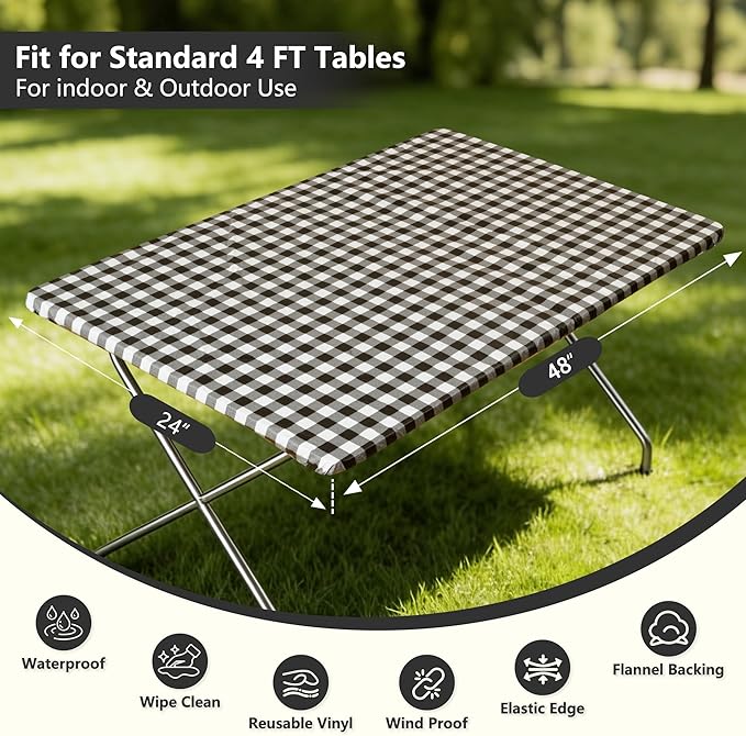 Rectangle Picnic Table Cloth, Elastic Waterproof Fitted Vinyl Tablecloths for 4 Foot Tables, Wipeable Flannel Backed Table Covers for Dining, Camping, Outdoor(Black Plaid,24"x48")