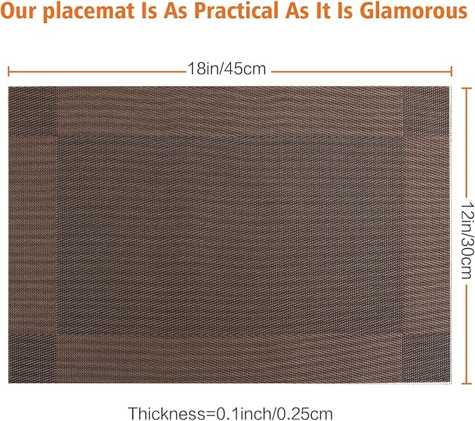 Placemats Set of 12,Washable,Heat and Stain Resistant Indoor/Outdoor Place mats,Vinyl Woven Non Slip Table Mats for Restaurant Table Protection,PVC Placemats(Brown,12PCS)