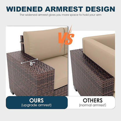 7 Piece Patio Furniture Set with Fire Pit Table, Outdoor Conversation Sets Wicker Rattan Sectional Sofa with Coffee Table, 4'' Thickened Cushion Beige (Include Waterproof Cover)