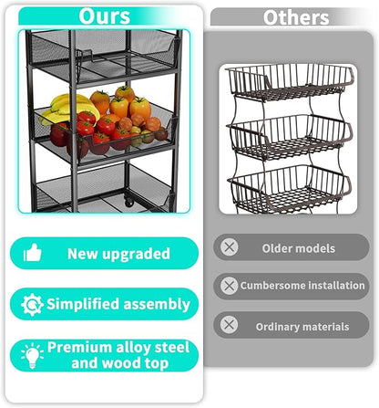 HapiRm Fruit Basket Kitchen Cart - 4-Tier Rolling Storage Cart with Wheels, Fruit Vegetable Basket with Wood Top, Pantry Utility Kitchen Organizer for Fruit Potato Onion Vegetable Bread Snack