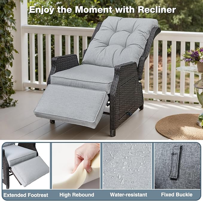 Outdoor Recliner with Adjustable Back and Footrest, Light Grey | Wicker - Image 4