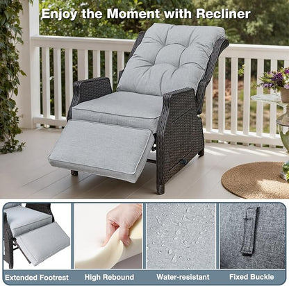 Outdoor Recliner with Adjustable Back and Footrest, Light Grey | Wicker - Image 4