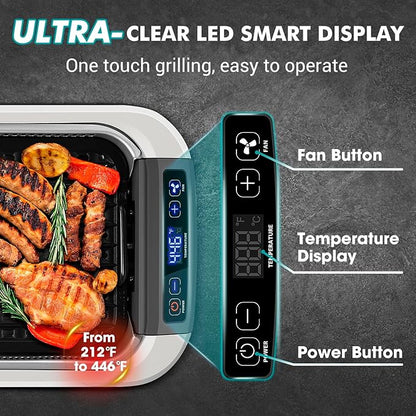 CUSIMAX Smokeless Grill, Korean Grill, 1500W Electric BBQ Grill with Tempered Glass Lid & LED Smart Display, Non-stick Removable Grill Plate, Off-White
