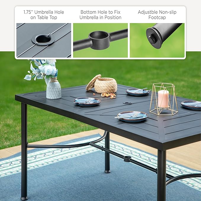 PHI VILLA 7-Piece Outdoor Dining Set, Heavy Duty Patio Table and Chairs Set with Umbrella Hole for 6, 64" Rectangular Patio Metal Table & Iron Wicker Dining Chairs with Cushions, 2 Swivel
