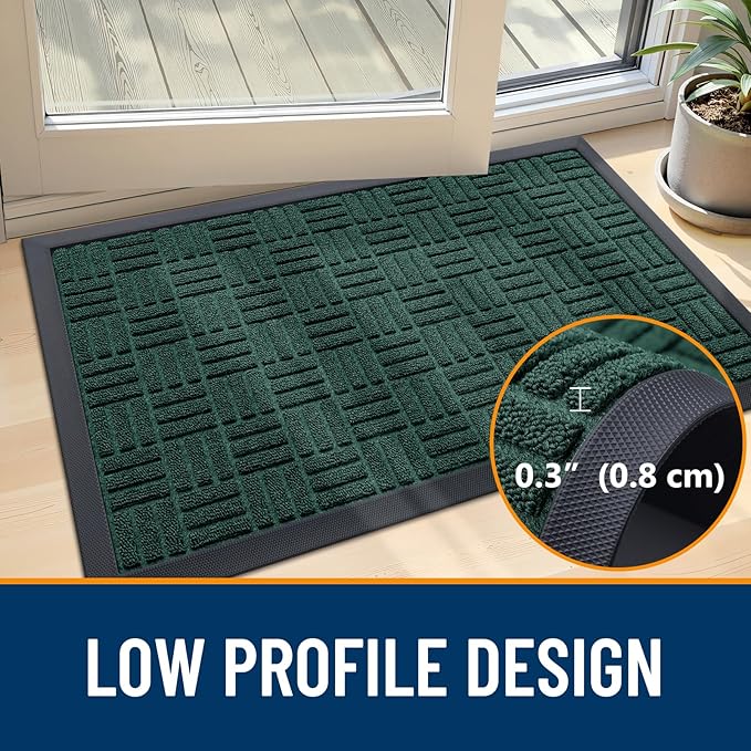 OLANLY Front Door Mat Outside Entrance 33x21, Absorbent, Heavy Duty Sturdy Natural Rubber Doormat Indoor Outdoor, Non-Slip, Stain and Fade Resistant, Low Profile Floor Mat for Entryway, Black Green