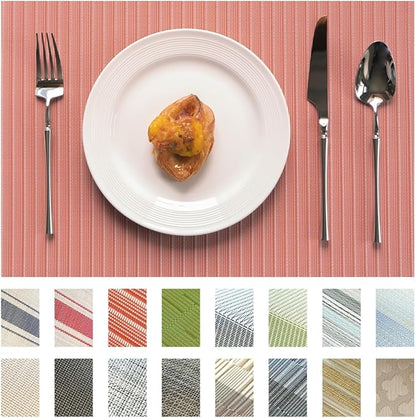 Placemats Set of 6 Vinyl/Plastic Woven Place Mats for Kitchen Table Indoor/Outdoor Washable Placemat Wipeable Dining Table Mats (Red Stripes,6)