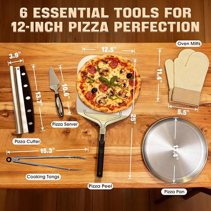 Pizza Peel Aluminum Metal Pizza Spatula Kit | 12x14 Inch Foldable Handle Paddle | 6Pcs Pizza Oven Accessories with Rocker Cutter, Pizza Pan, Pizza Server, Oven Mitts, for Family Oven Baking