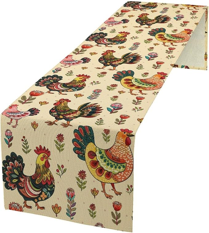 Rustic Farm Animal Table Runner, Vintage Rooster Boho Flowers Table Runner for Kitchen Dining Holiday Home Party 13x120in