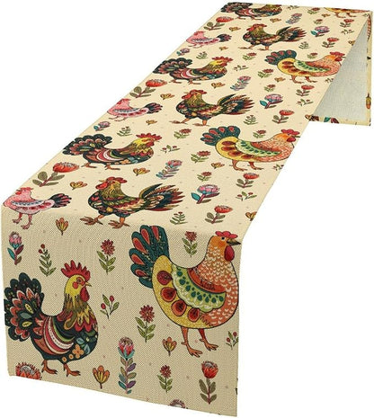 Rustic Farm Animal Table Runner, Vintage Rooster Boho Flowers Table Runner for Kitchen Dining Holiday Home Party 13x36in