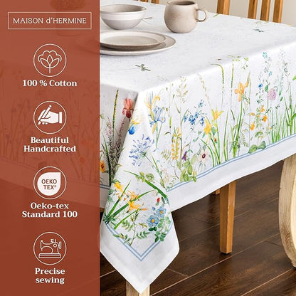 Maison d' Hermine Table Cloth Rectangle Table 100% Cotton 60 x 108 Inches Tablecloth Reusable Decorative for Dining Room, Farmhouse, Home, Party, Festive & Wedding Spring Summer - Fleurs De Mai