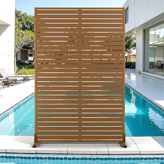 Metal Privacy Screen for Outdoor & Indoor Use, Free Standing Privacy Screen for Patio Garden Pool, 72" H x 47" W Decoative Privacy Panels, Weather Resistant, Easy Assembly (Brown Louvered)