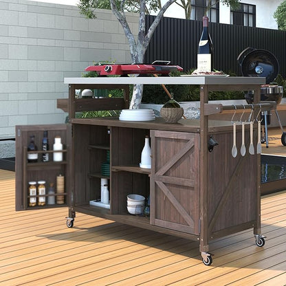 Rolling Cart ，Storage Cabinet, Grill Table ，Artificial Board，with Stainless Steel Top, Internal Storage Racks，Spice Rack, Towel Rack ， Kitchen ，Barbecue, Outdoor