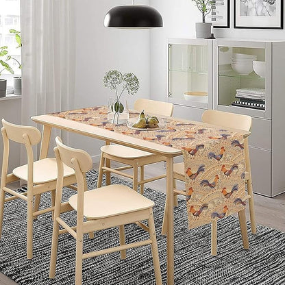 Cute Roosters Table Runner, Boho Rustic Cock Chicken Vintage Arch Floral Plants Print Table Cover for Holiday Kitchen Dining Table Indoor Outdoor Home Party Decor, 13x70inch