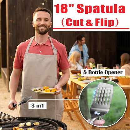 GRILLART BBQ Tools Grill Tools Set -18Inch Grilling Tools BBQ Set - Grill Accessories w/BBQ Tongs, Spatula, Fork, Brush- Stainless Grill Kit Grilling Set - Gift Ideas BBQ Accessories Gifts for Men Dad