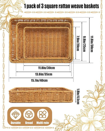 Woven Bread Basket, 3 Pack Wicker Fruit Baskets Rattan Bread Basket Poly Wicker Bread Baskets With Handles For Food Serving, Display, Vegetables, Home Kitchen, Restaurant, Outdoor (Rectangle set)