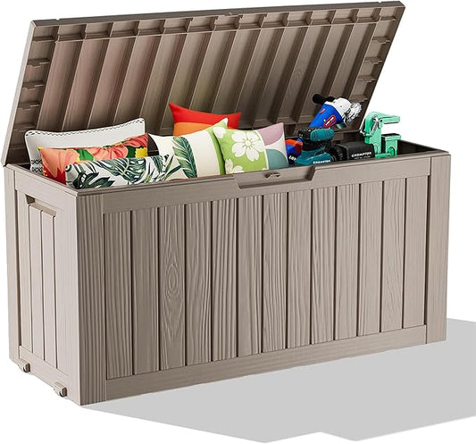75 Gallon Waterproof Resin Deck Box, UV Resistant Outdoor Storage for Garden, Patio, Porch, Delivery, Light Brown